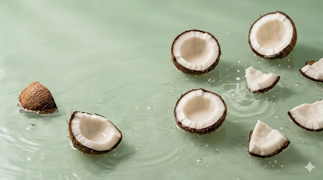 Cracked coconut halves floating in water